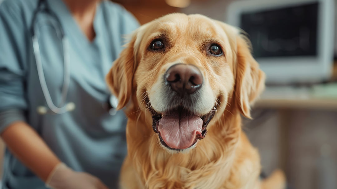 Healthy golden retriever in vet's office.