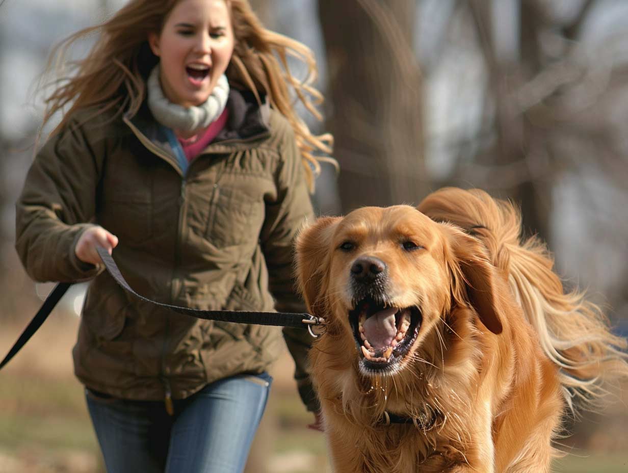Young woman walking uncontrollable dog.