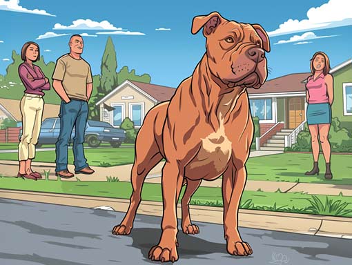Cartoon of Pit Bull surrounded by suspicious neighbors