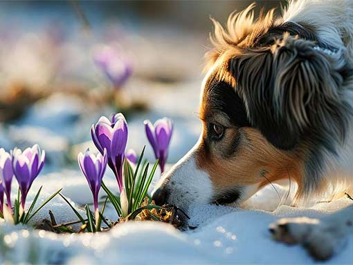 Dog walking and sniffing on spring day