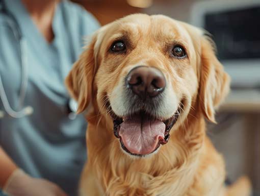 Friendly golden retriever in vet's office