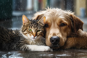 Photo of sad cat and dog on floor
