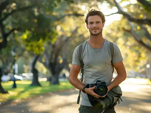 Man with camera in street