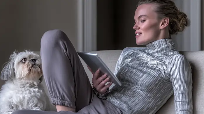 Woman reading ad on her tablet