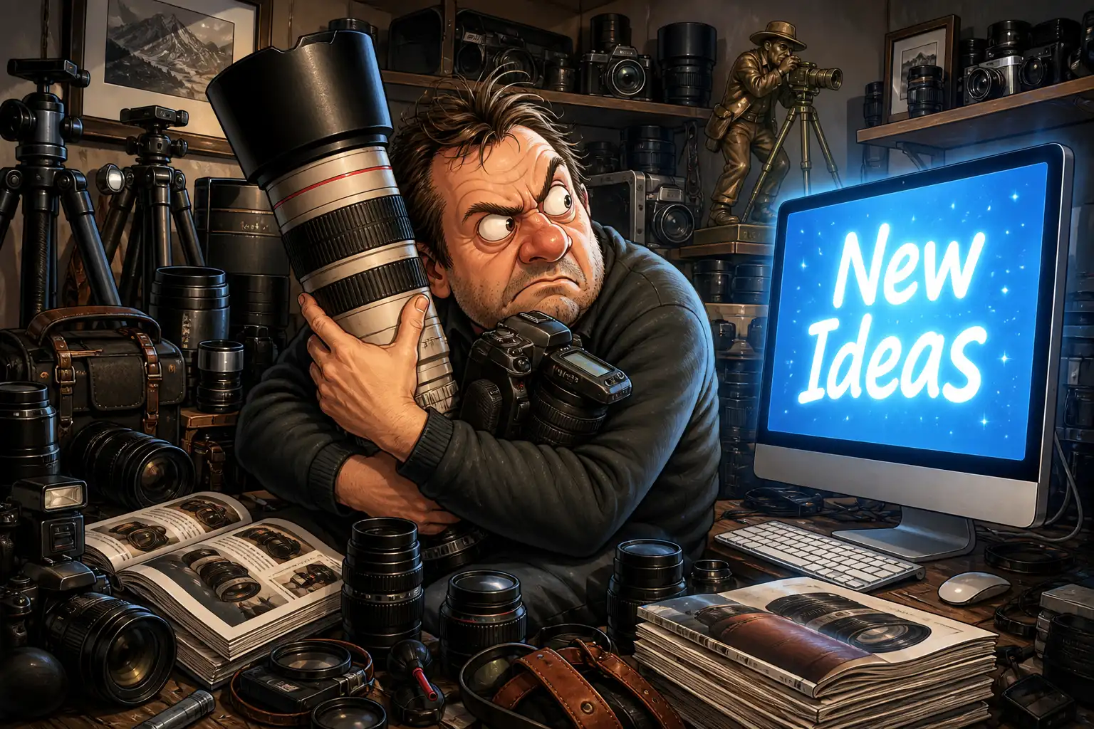 Cartoon drawing of anxious photographer clutching his camera