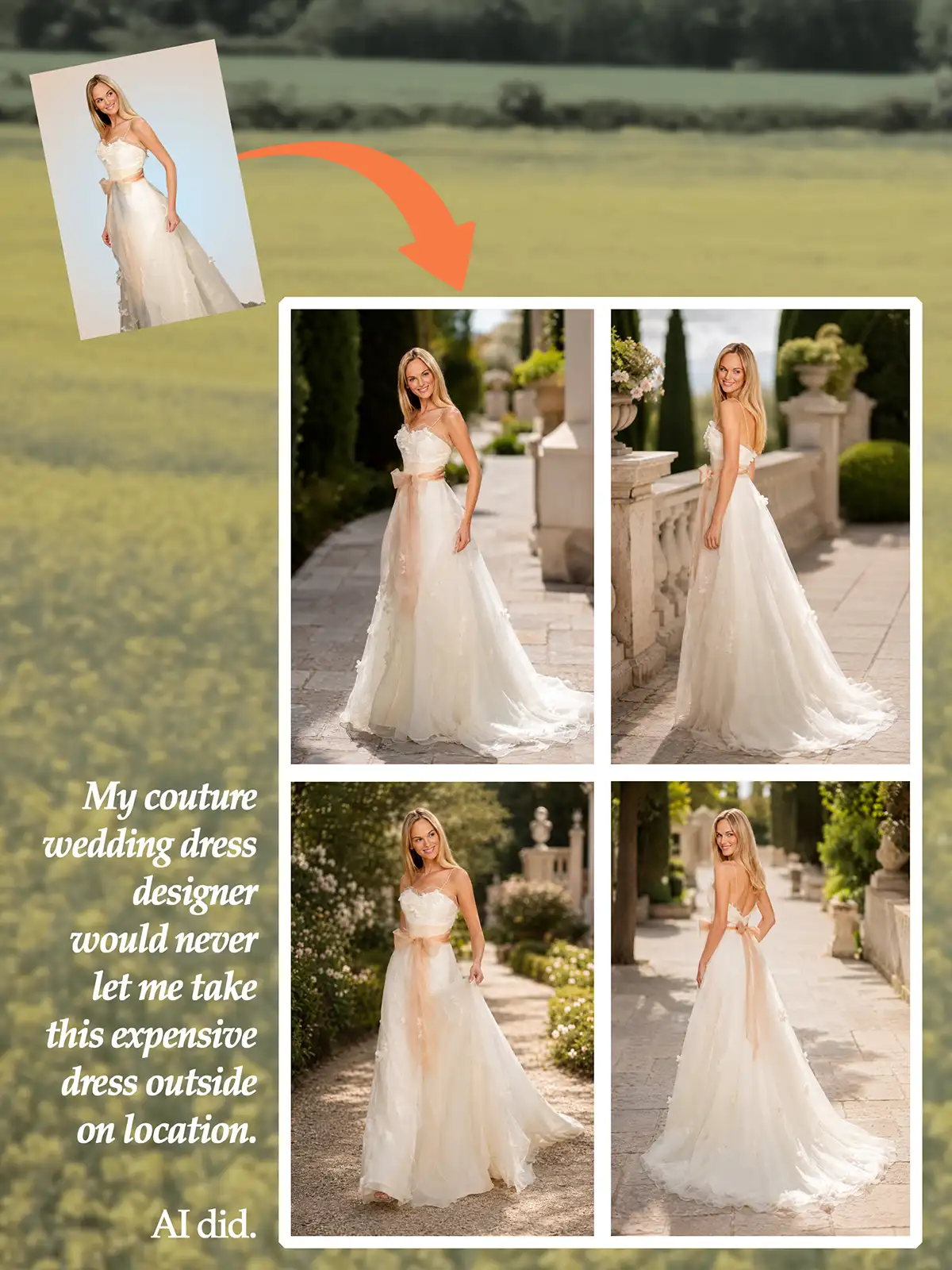 Four on-location versions by AI of a studio shot.